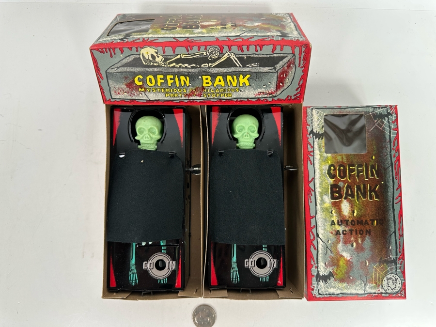 Pair Of New Old Stock Wind-Up Metal Coffin Banks With Original Boxes (Skeleton Arm Comes Out To Grab Coin) Made In Japan [Photo 14]