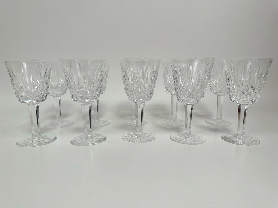 (10) Waterford Crystal Lismore Pattern Claret Wine Stemware Glasses 5 7/8H With One Original Box Replacements Value $1,050