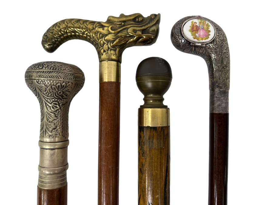 Collection Of Four Vintage Canes: 3 Have Hidden Compartments, 1 Has A Pool Cue