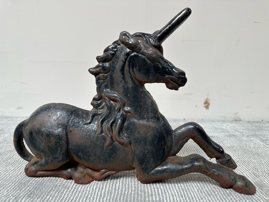 Antique Cast Iron Unicorn Andiron Sculpture 24W X 20D X 16H [Photo 2]