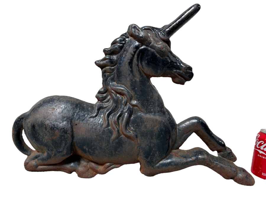 Antique Cast Iron Unicorn Andiron Sculpture 24W X 20D X 16H