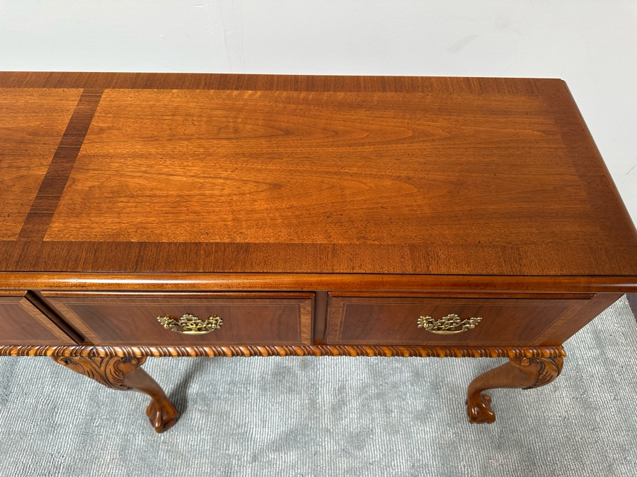 Stunning Baker Fine Furniture 4-Drawer Ball And Claw Feet Chippendale Mahogany Banded Sideboard Buffet Server Credenza With Silverware Drawer In Excellent Condition 72W X 18D X 32.5H [Photo 8]