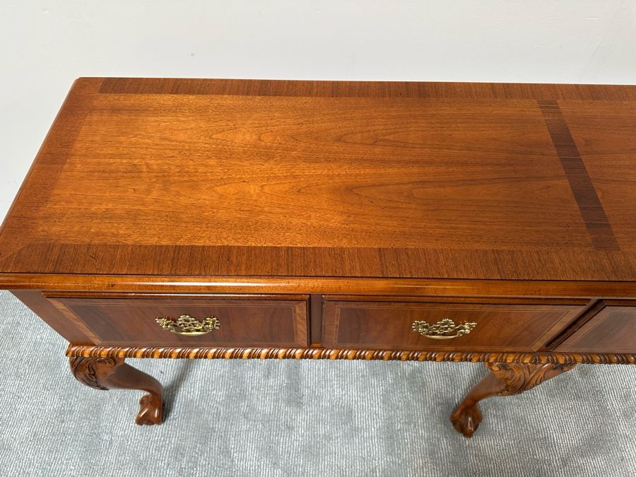 Stunning Baker Fine Furniture 4-Drawer Ball And Claw Feet Chippendale Mahogany Banded Sideboard Buffet Server Credenza With Silverware Drawer In Excellent Condition 72W X 18D X 32.5H [Photo 9]