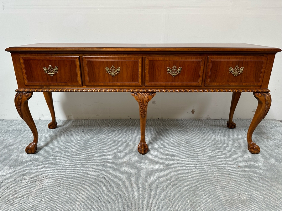 Stunning Baker Fine Furniture 4-Drawer Ball And Claw Feet Chippendale Mahogany Banded Sideboard Buffet Server Credenza With Silverware Drawer In Excellent Condition 72W X 18D X 32.5H [Photo 4]