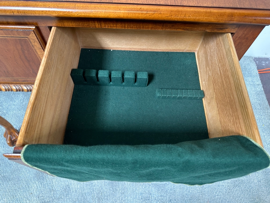 Stunning Baker Fine Furniture 4-Drawer Ball And Claw Feet Chippendale Mahogany Banded Sideboard Buffet Server Credenza With Silverware Drawer In Excellent Condition 72W X 18D X 32.5H [Photo 18]