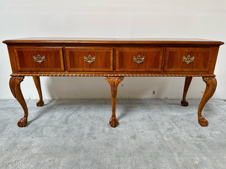 Stunning Baker Fine Furniture 4-Drawer Ball And Claw Feet Chippendale Mahogany Banded Sideboard Buffet Server Credenza With Silverware Drawer In Excellent Condition 72W X 18D X 32.5H [Photo 6]