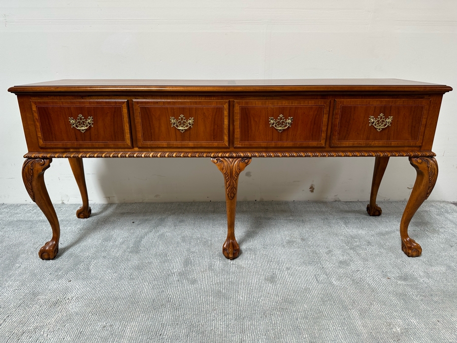 Stunning Baker Fine Furniture 4-Drawer Ball And Claw Feet Chippendale Mahogany Banded Sideboard Buffet Server Credenza With Silverware Drawer In Excellent Condition 72W X 18D X 32.5H [Photo 5]