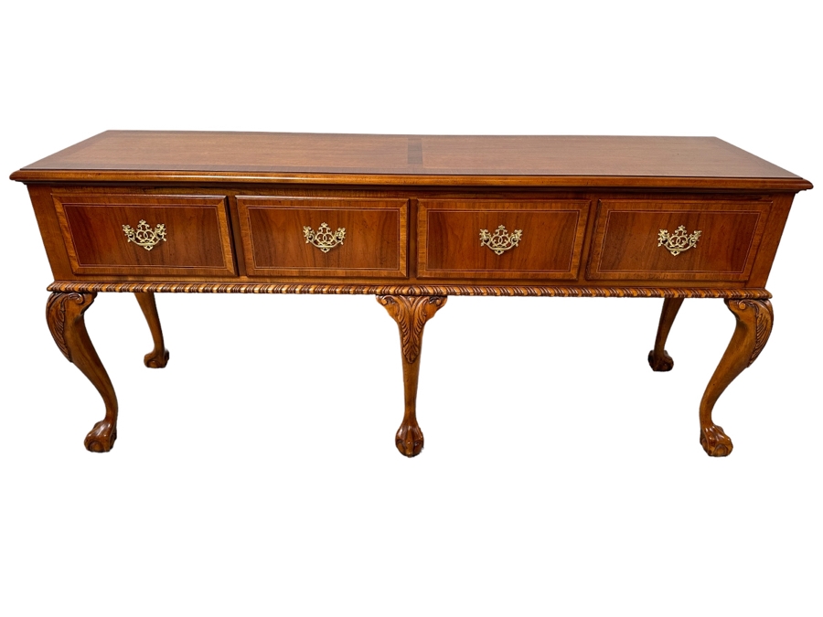 Stunning Baker Fine Furniture 4-Drawer Ball And Claw Feet Chippendale Mahogany Banded Sideboard Buffet Server Credenza With Silverware Drawer In Excellent Condition 72W X 18D X 32.5H [Photo 2]