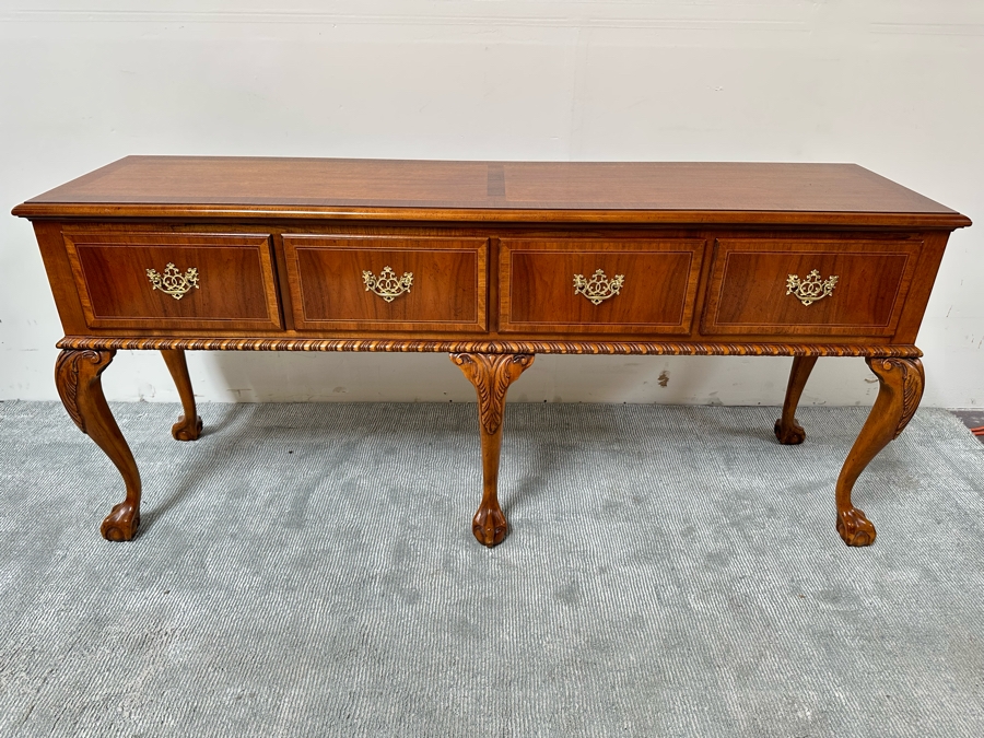 Stunning Baker Fine Furniture 4-Drawer Ball And Claw Feet Chippendale Mahogany Banded Sideboard Buffet Server Credenza With Silverware Drawer In Excellent Condition 72W X 18D X 32.5H [Photo 7]