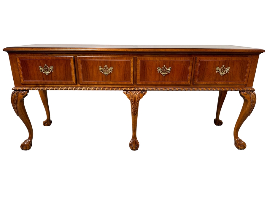 Stunning Baker Fine Furniture 4-Drawer Ball And Claw Feet Chippendale Mahogany Banded Sideboard Buffet Server Credenza With Silverware Drawer In Excellent Condition 72W X 18D X 32.5H [Photo 3]