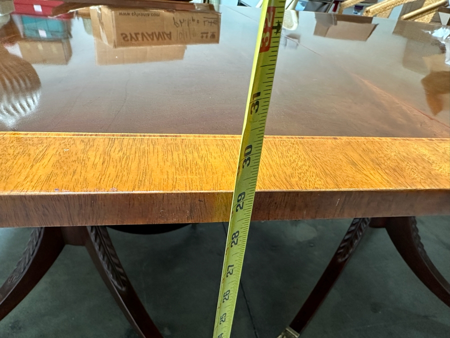 Baker Fine Furniture Double Pedestal Formal Dining Table From The Historic Charleston Collection Banded Mahogany 46W X 70D X 29.5H With 2 Leaves 16L & 4 Baker Furniture Chairs Plus Crated Glass Top For Table & Pads (One Is An Armchair) Estimate $5,000 [Photo 27]