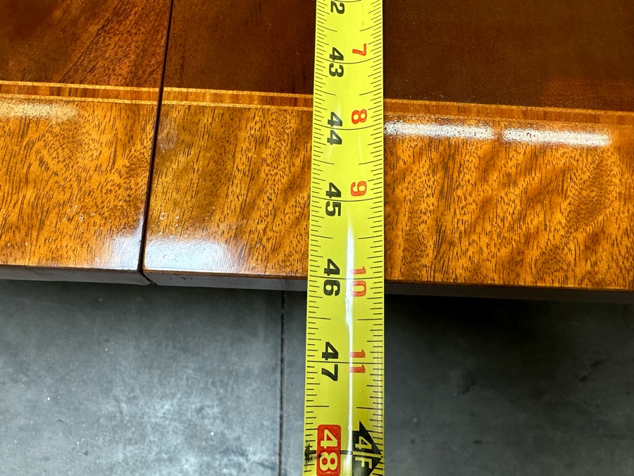 Baker Fine Furniture Double Pedestal Formal Dining Table From The Historic Charleston Collection Banded Mahogany 46W X 70D X 29.5H With 2 Leaves 16L & 4 Baker Furniture Chairs Plus Crated Glass Top For Table & Pads (One Is An Armchair) Estimate $5,000 [Photo 25]