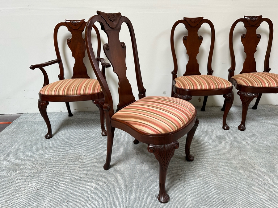 Baker Fine Furniture Double Pedestal Formal Dining Table From The Historic Charleston Collection Banded Mahogany 46W X 70D X 29.5H With 2 Leaves 16L & 4 Baker Furniture Chairs Plus Crated Glass Top For Table & Pads (One Is An Armchair) Estimate $5,000 [Photo 16]