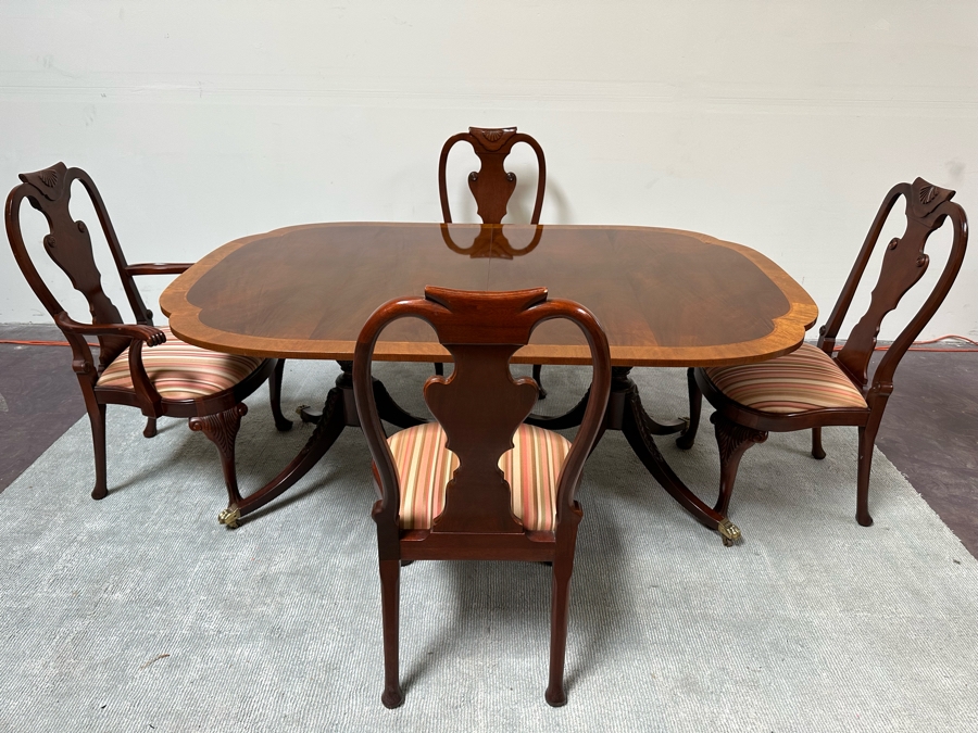Baker Fine Furniture Double Pedestal Formal Dining Table From The Historic Charleston Collection Banded Mahogany 46W X 70D X 29.5H With 2 Leaves 16L & 4 Baker Furniture Chairs Plus Crated Glass Top For Table & Pads (One Is An Armchair) Estimate $5,000 [Photo 5]
