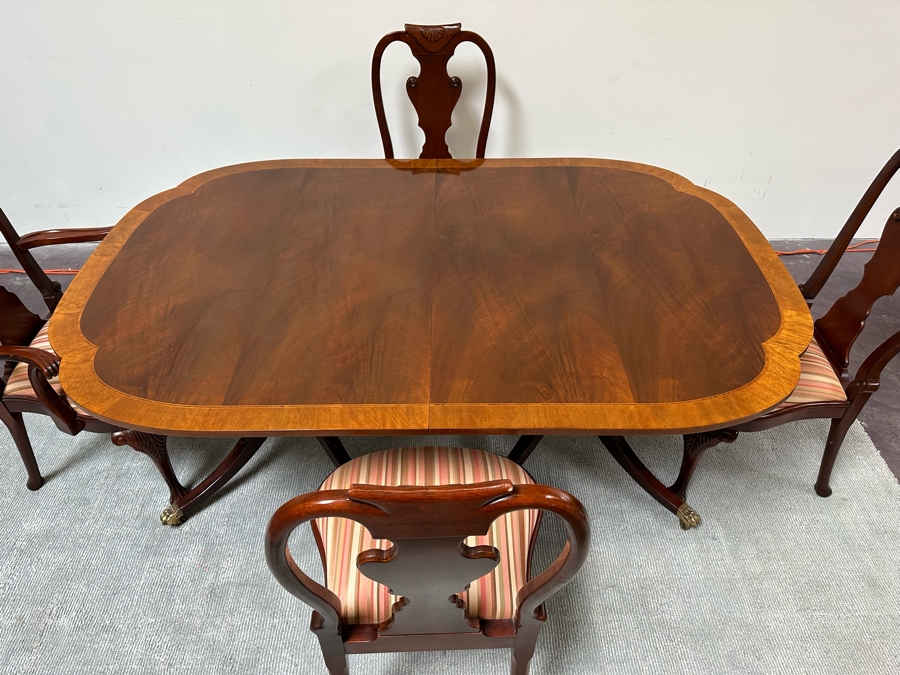Baker Fine Furniture Double Pedestal Formal Dining Table From The Historic Charleston Collection Banded Mahogany 46W X 70D X 29.5H With 2 Leaves 16L & 4 Baker Furniture Chairs Plus Crated Glass Top For Table & Pads (One Is An Armchair) Estimate $5,000 [Photo 7]
