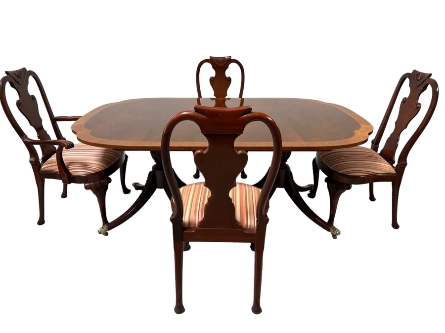 Baker Fine Furniture Double Pedestal Formal Dining Table From The Historic Charleston Collection Banded Mahogany 46W X 70D X 29.5H With 2 Leaves 16L & 4 Baker Furniture Chairs Plus Crated Glass Top For Table & Pads (One Is An Armchair) Estimate $5,000 [Photo 1]