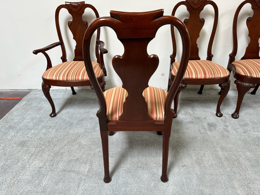 Baker Fine Furniture Double Pedestal Formal Dining Table From The Historic Charleston Collection Banded Mahogany 46W X 70D X 29.5H With 2 Leaves 16L & 4 Baker Furniture Chairs Plus Crated Glass Top For Table & Pads (One Is An Armchair) Estimate $5,000 [Photo 17]