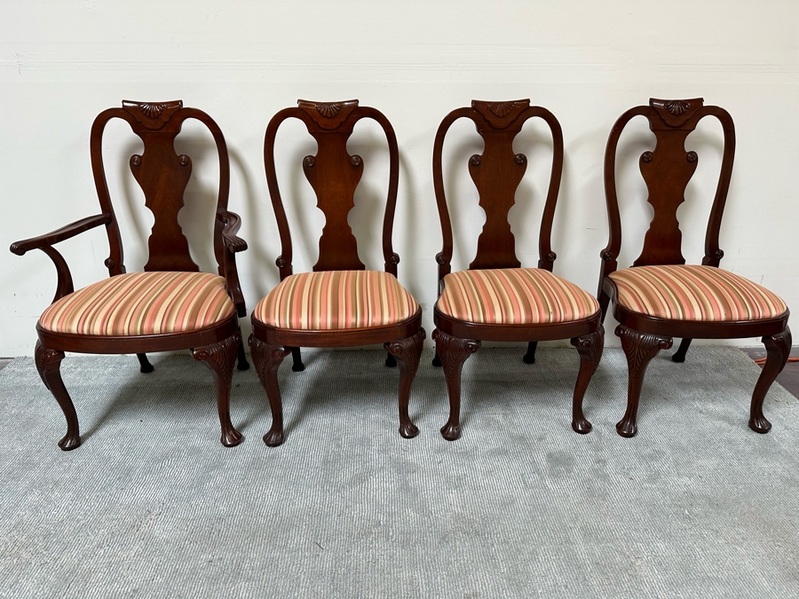 Baker Fine Furniture Double Pedestal Formal Dining Table From The Historic Charleston Collection Banded Mahogany 46W X 70D X 29.5H With 2 Leaves 16L & 4 Baker Furniture Chairs Plus Crated Glass Top For Table & Pads (One Is An Armchair) Estimate $5,000 [Photo 13]