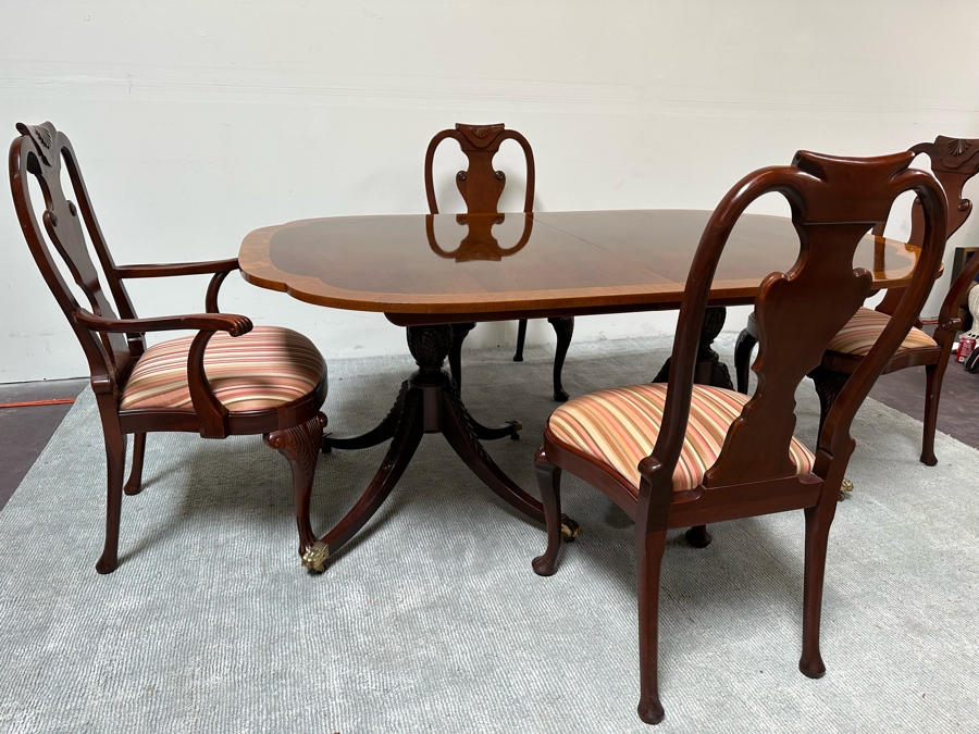 Baker Fine Furniture Double Pedestal Formal Dining Table From The Historic Charleston Collection Banded Mahogany 46W X 70D X 29.5H With 2 Leaves 16L & 4 Baker Furniture Chairs Plus Crated Glass Top For Table & Pads (One Is An Armchair) Estimate $5,000 [Photo 9]