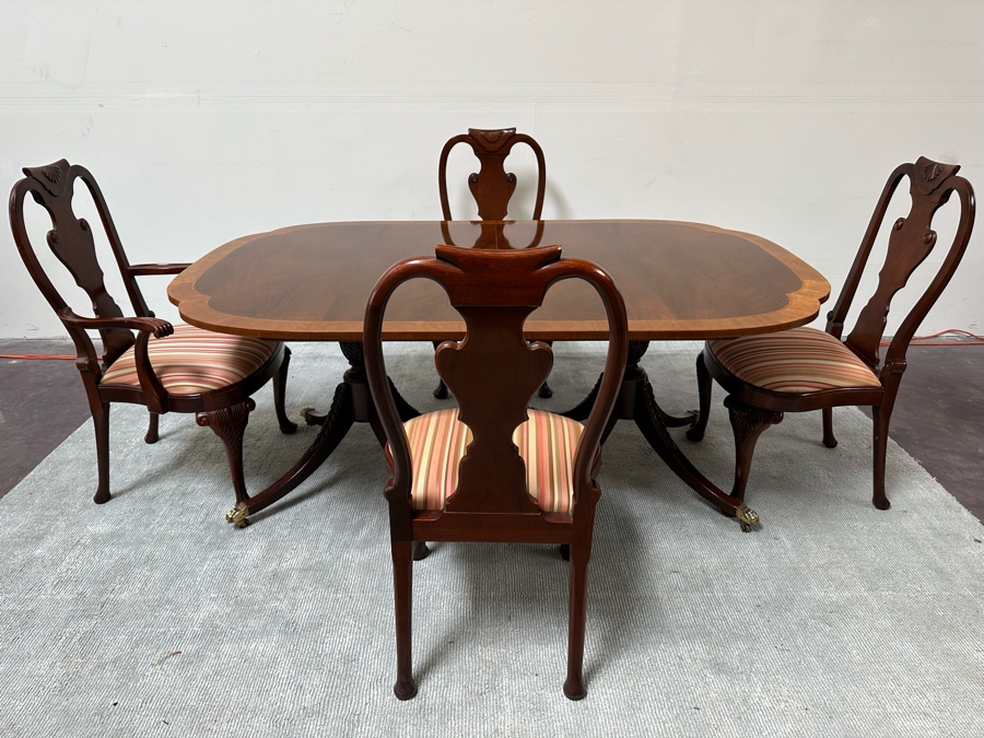 Baker Fine Furniture Double Pedestal Formal Dining Table From The Historic Charleston Collection Banded Mahogany 46W X 70D X 29.5H With 2 Leaves 16L & 4 Baker Furniture Chairs Plus Crated Glass Top For Table & Pads (One Is An Armchair) Estimate $5,000 [Photo 4]