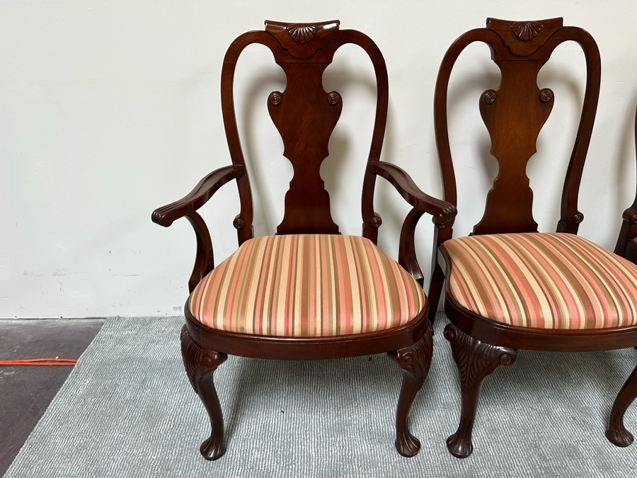 Baker Fine Furniture Double Pedestal Formal Dining Table From The Historic Charleston Collection Banded Mahogany 46W X 70D X 29.5H With 2 Leaves 16L & 4 Baker Furniture Chairs Plus Crated Glass Top For Table & Pads (One Is An Armchair) Estimate $5,000 [Photo 15]