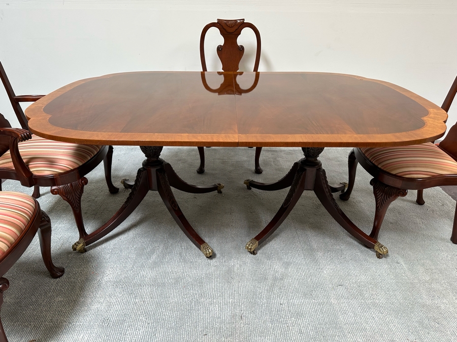 Baker Fine Furniture Double Pedestal Formal Dining Table From The Historic Charleston Collection Banded Mahogany 46W X 70D X 29.5H With 2 Leaves 16L & 4 Baker Furniture Chairs Plus Crated Glass Top For Table & Pads (One Is An Armchair) Estimate $5,000 [Photo 10]