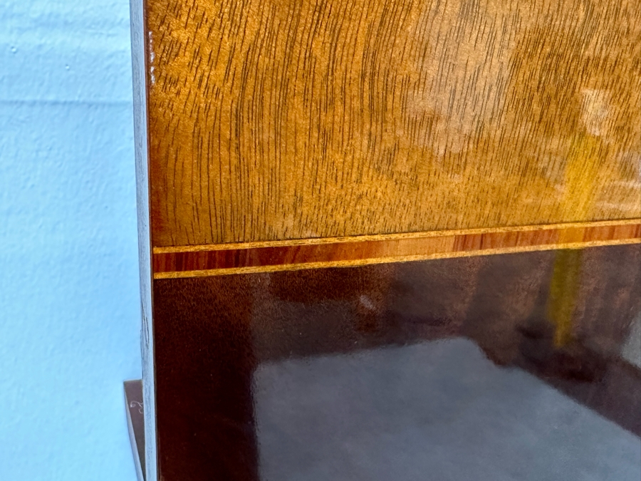 Baker Fine Furniture Double Pedestal Formal Dining Table From The Historic Charleston Collection Banded Mahogany 46W X 70D X 29.5H With 2 Leaves 16L & 4 Baker Furniture Chairs Plus Crated Glass Top For Table & Pads (One Is An Armchair) Estimate $5,000 [Photo 22]