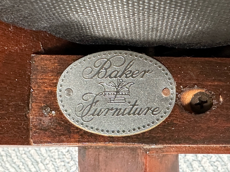 Baker Fine Furniture Double Pedestal Formal Dining Table From The Historic Charleston Collection Banded Mahogany 46W X 70D X 29.5H With 2 Leaves 16L & 4 Baker Furniture Chairs Plus Crated Glass Top For Table & Pads (One Is An Armchair) Estimate $5,000 [Photo 2]