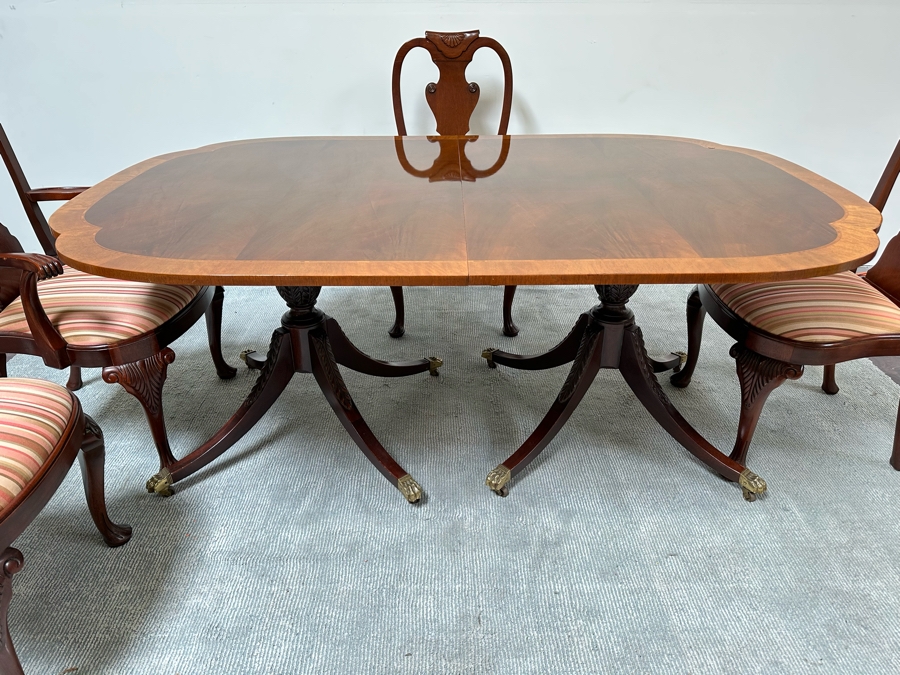Baker Fine Furniture Double Pedestal Formal Dining Table From The Historic Charleston Collection Banded Mahogany 46W X 70D X 29.5H With 2 Leaves 16L & 4 Baker Furniture Chairs Plus Crated Glass Top For Table & Pads (One Is An Armchair) Estimate $5,000 [Photo 11]