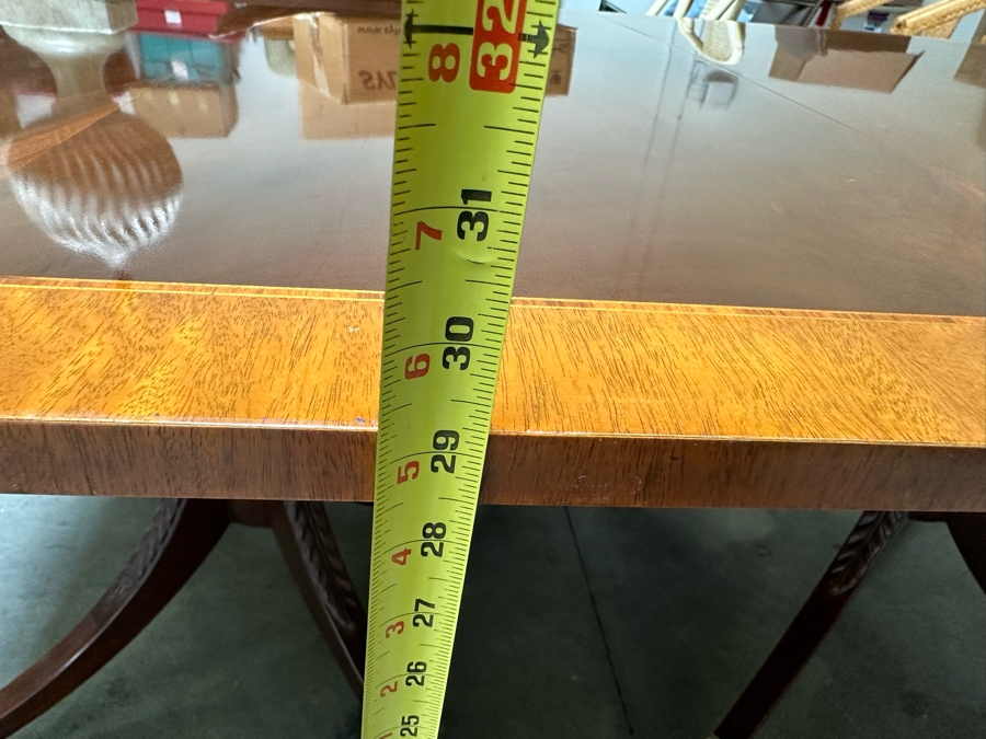 Baker Fine Furniture Double Pedestal Formal Dining Table From The Historic Charleston Collection Banded Mahogany 46W X 70D X 29.5H With 2 Leaves 16L & 4 Baker Furniture Chairs Plus Crated Glass Top For Table & Pads (One Is An Armchair) Estimate $5,000 [Photo 28]