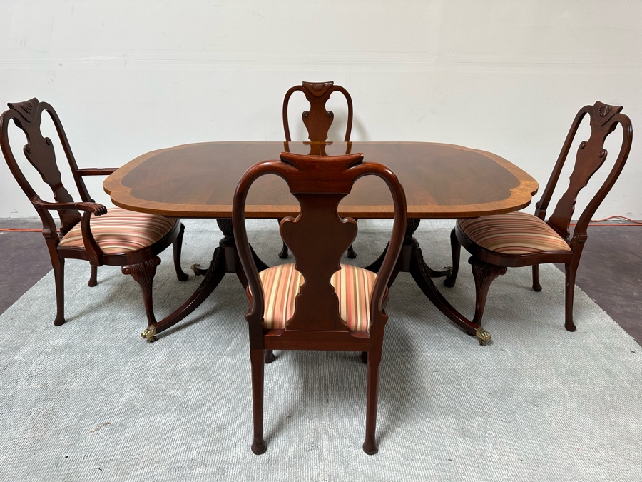 Baker Fine Furniture Double Pedestal Formal Dining Table From The Historic Charleston Collection Banded Mahogany 46W X 70D X 29.5H With 2 Leaves 16L & 4 Baker Furniture Chairs Plus Crated Glass Top For Table & Pads (One Is An Armchair) Estimate $5,000 [Photo 3]