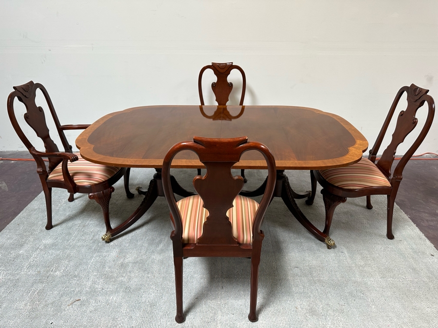 Baker Fine Furniture Double Pedestal Formal Dining Table From The Historic Charleston Collection Banded Mahogany 46W X 70D X 29.5H With 2 Leaves 16L & 4 Baker Furniture Chairs Plus Crated Glass Top For Table & Pads (One Is An Armchair) Estimate $5,000 [Photo 6]