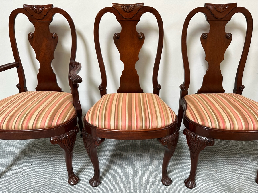 Baker Fine Furniture Double Pedestal Formal Dining Table From The Historic Charleston Collection Banded Mahogany 46W X 70D X 29.5H With 2 Leaves 16L & 4 Baker Furniture Chairs Plus Crated Glass Top For Table & Pads (One Is An Armchair) Estimate $5,000 [Photo 14]