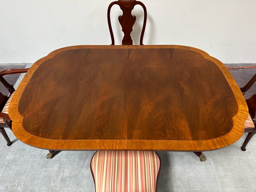 Baker Fine Furniture Double Pedestal Formal Dining Table From The Historic Charleston Collection Banded Mahogany 46W X 70D X 29.5H With 2 Leaves 16L & 4 Baker Furniture Chairs Plus Crated Glass Top For Table & Pads (One Is An Armchair) Estimate $5,000 [Photo 8]