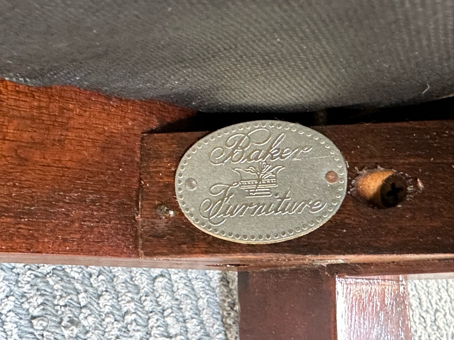 Baker Fine Furniture Double Pedestal Formal Dining Table From The Historic Charleston Collection Banded Mahogany 46W X 70D X 29.5H With 2 Leaves 16L & 4 Baker Furniture Chairs Plus Crated Glass Top For Table & Pads (One Is An Armchair) Estimate $5,000 [Photo 19]