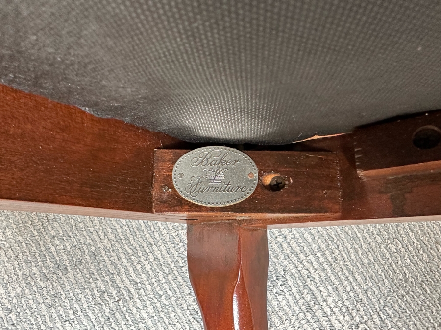 Baker Fine Furniture Double Pedestal Formal Dining Table From The Historic Charleston Collection Banded Mahogany 46W X 70D X 29.5H With 2 Leaves 16L & 4 Baker Furniture Chairs Plus Crated Glass Top For Table & Pads (One Is An Armchair) Estimate $5,000 [Photo 18]