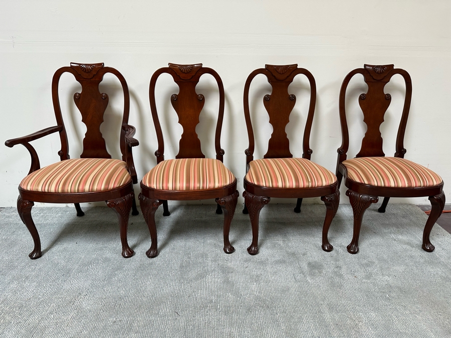 Baker Fine Furniture Double Pedestal Formal Dining Table From The Historic Charleston Collection Banded Mahogany 46W X 70D X 29.5H With 2 Leaves 16L & 4 Baker Furniture Chairs Plus Crated Glass Top For Table & Pads (One Is An Armchair) Estimate $5,000 [Photo 12]