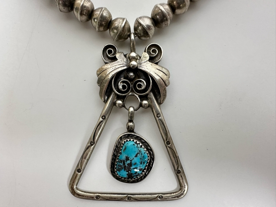 Sterling Silver Native American Squash Blossom Turquoise Necklace Signed LT 45g [Photo 9]