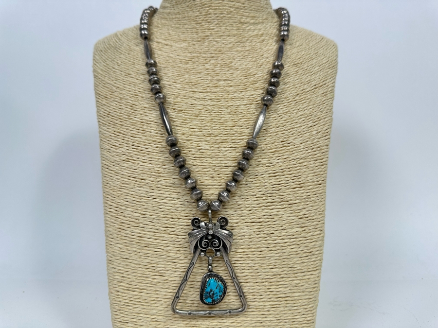 Sterling Silver Native American Squash Blossom Turquoise Necklace Signed LT 45g [Photo 5]