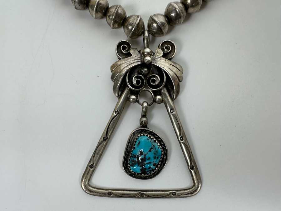 Sterling Silver Native American Squash Blossom Turquoise Necklace Signed LT 45g [Photo 8]