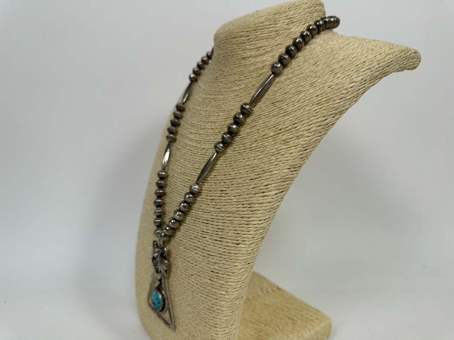 Sterling Silver Native American Squash Blossom Turquoise Necklace Signed LT 45g [Photo 6]