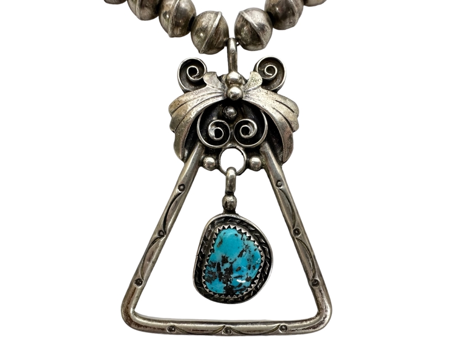 Sterling Silver Native American Squash Blossom Turquoise Necklace Signed LT 45g [Photo 2]