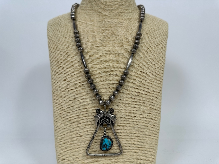 Sterling Silver Native American Squash Blossom Turquoise Necklace Signed LT 45g [Photo 4]