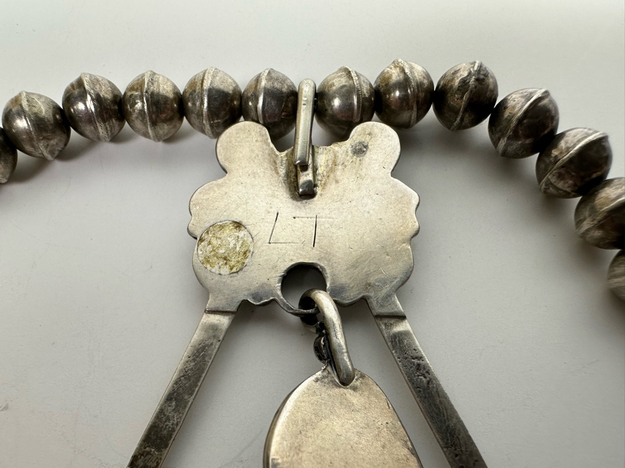 Sterling Silver Native American Squash Blossom Turquoise Necklace Signed LT 45g [Photo 12]