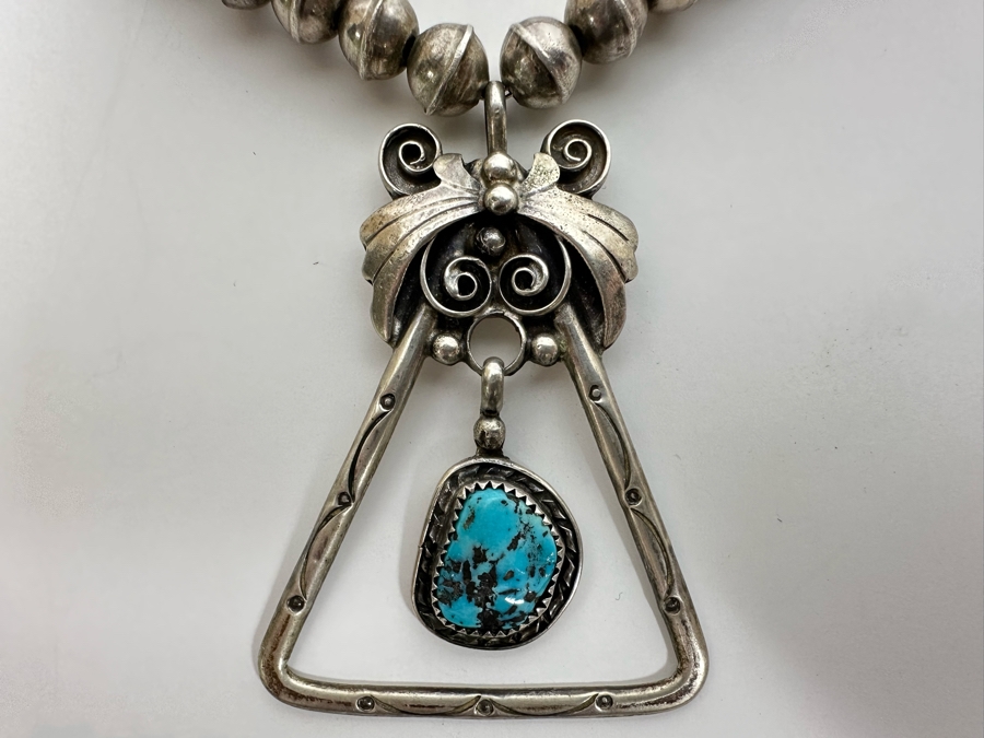 Sterling Silver Native American Squash Blossom Turquoise Necklace Signed LT 45g [Photo 10]