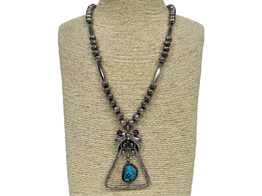 Sterling Silver Native American Squash Blossom Turquoise Necklace Signed LT 45g [Photo 3]