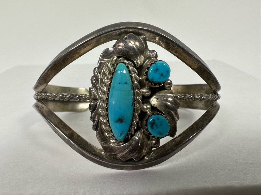 Vintage Native American Sterling Silver Turquoise Cuff Bracelet 2.5W 26g [Photo 3]
