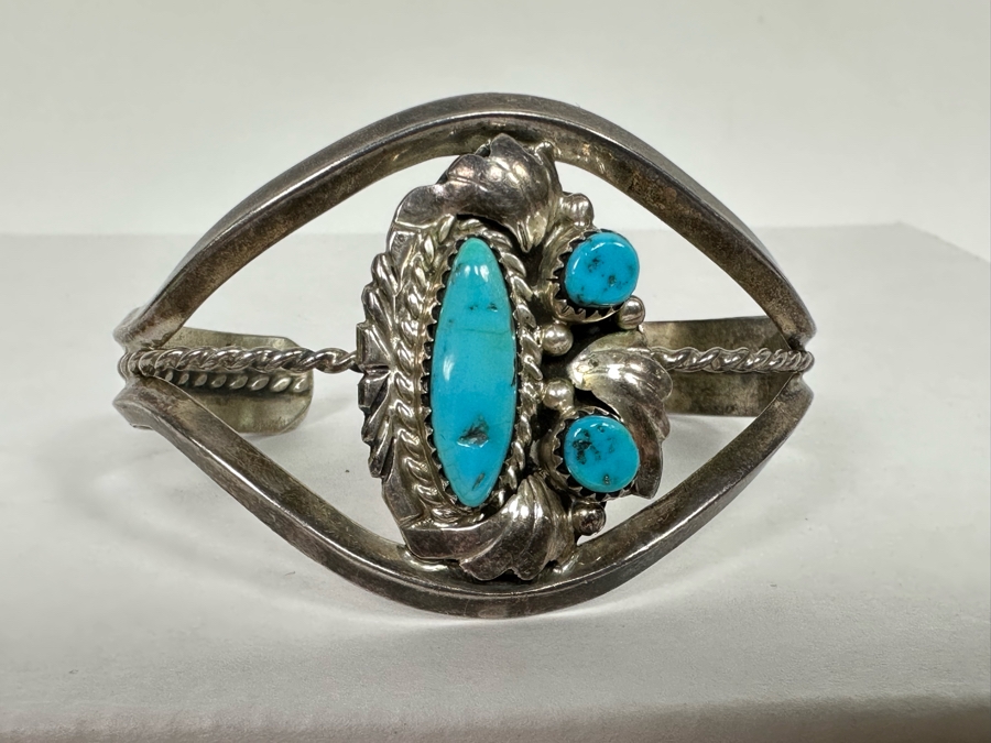 Vintage Native American Sterling Silver Turquoise Cuff Bracelet 2.5W 26g [Photo 2]