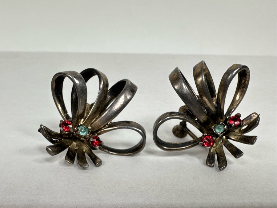 Vintage Sterling Silver Screwback Earrings With Stones 11.2g [Photo 4]