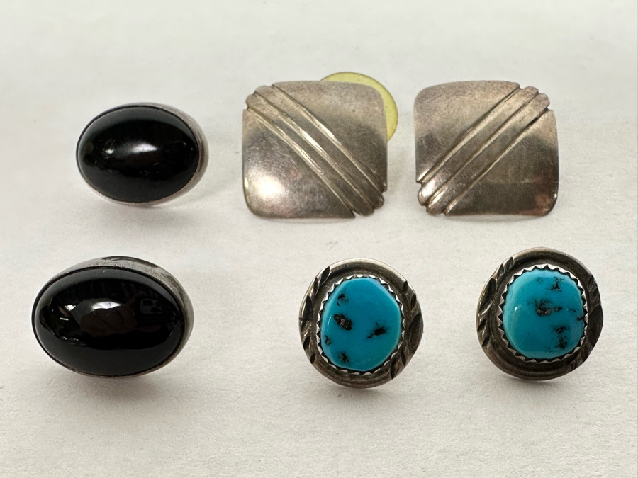 Three Pairs Of Signed Native American Sterling Silver Earrings (2 Pair Signed Jackson, 1 Pair Signed HJ) 14.4g [Photo 4]